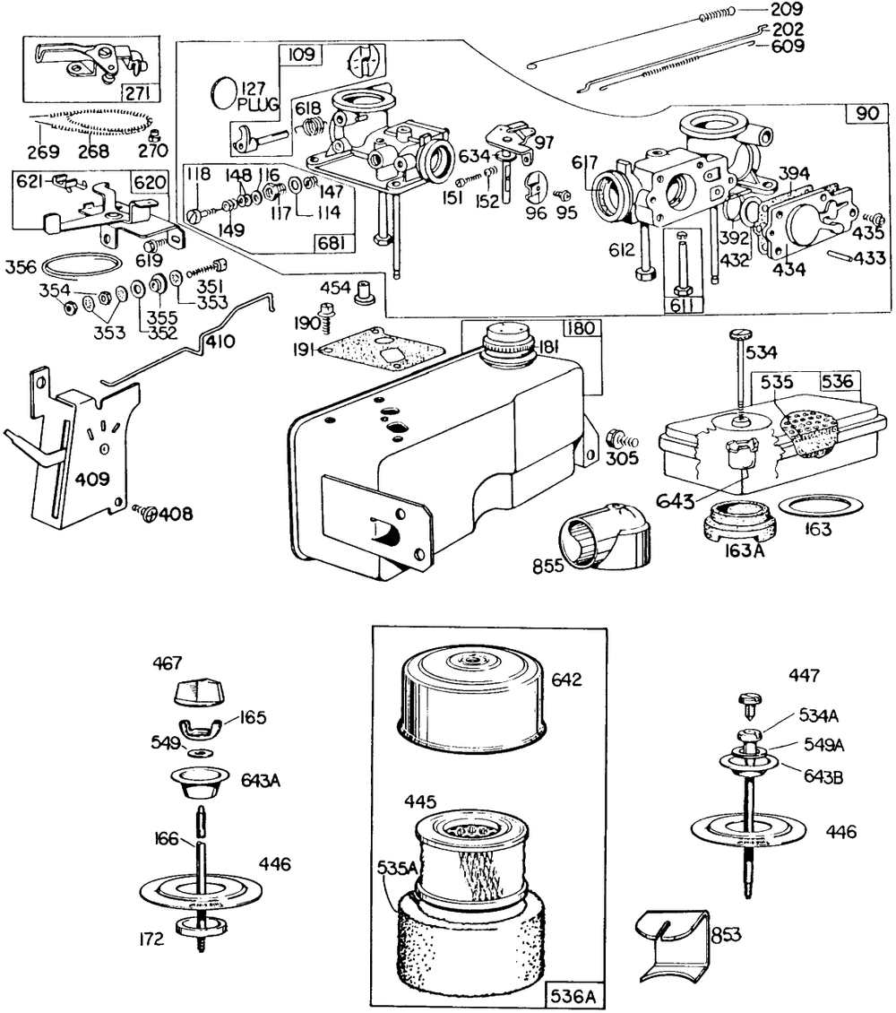 Carburetor, Fueltank, A/C Diagram and Parts List for 130902-0550-XX  Briggs and Stratton Engine